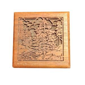Vintage Laser engraved Walnut block Tree nature scene music‎ box plays Evergreen